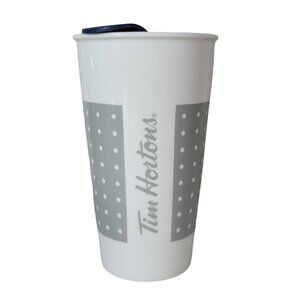 Tim Hortons Polka Dot Travel Mug White Gray 6" 2016 Blue Lid Ceramic Tumbler